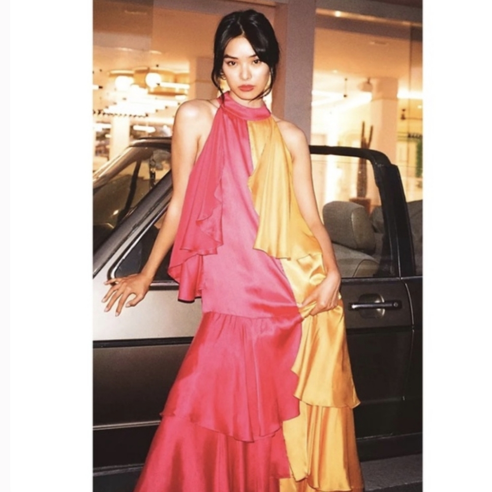 Anthropology Pinnacle Color Block Ruffle Maxi Satin Dress
